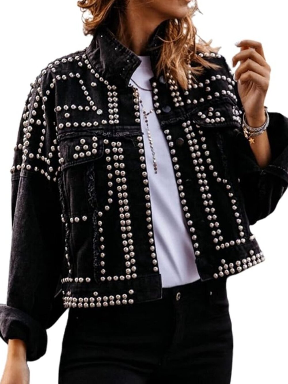 Women's Cropped Distressed Western Studded Denim Jacket